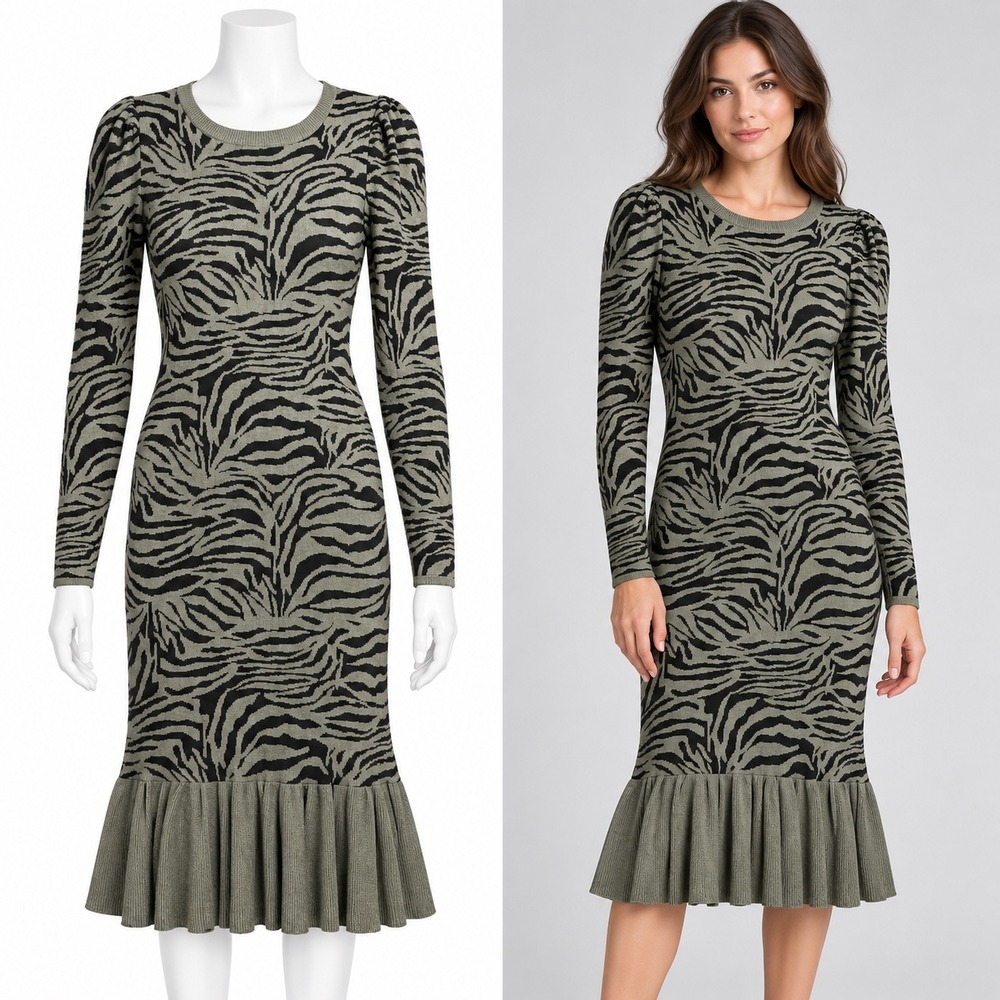 Express Sweater Dress Womens M Olive Green Zebra Print Puff Sleeve Ruffle Hem